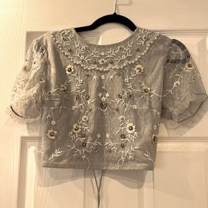 H&M Beaded and Embroidered Crop Blouse With Lace Up Back In Light Dusty Blue